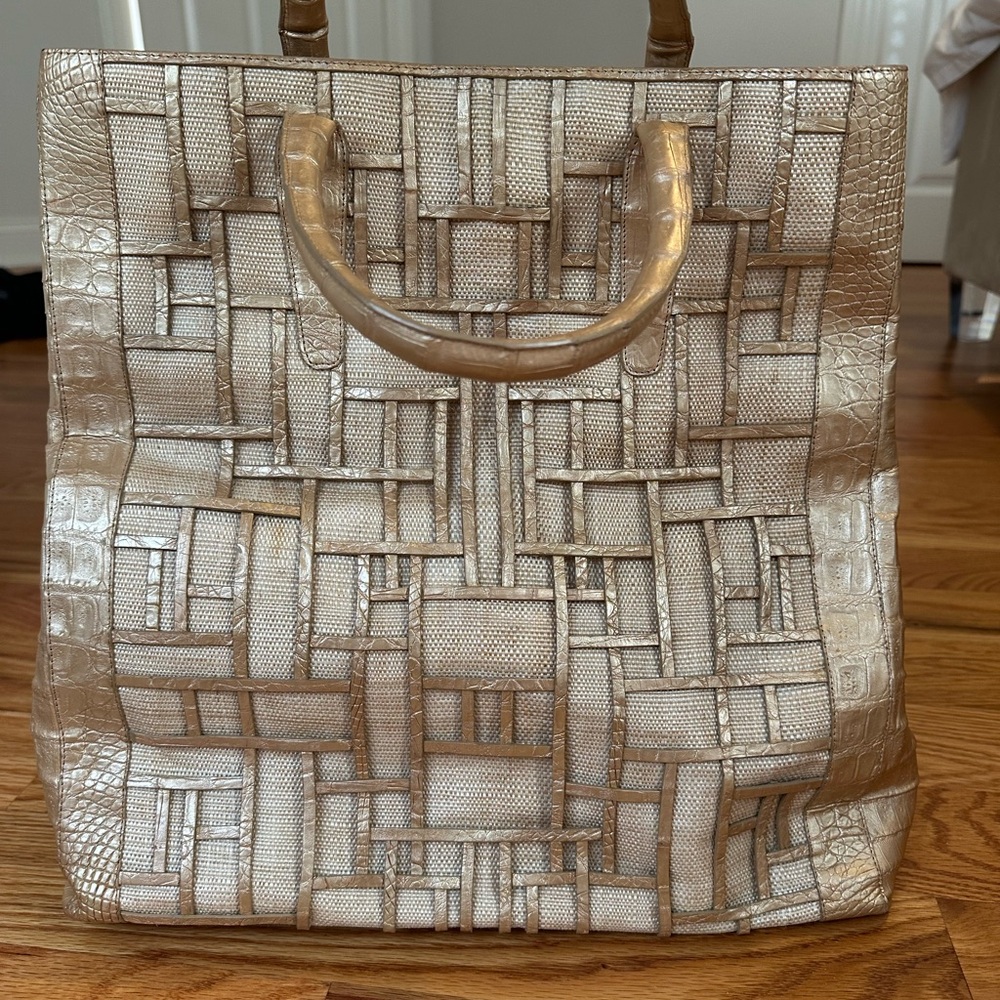 Nancy Gonzalez Raffia & Croc Leather Tote